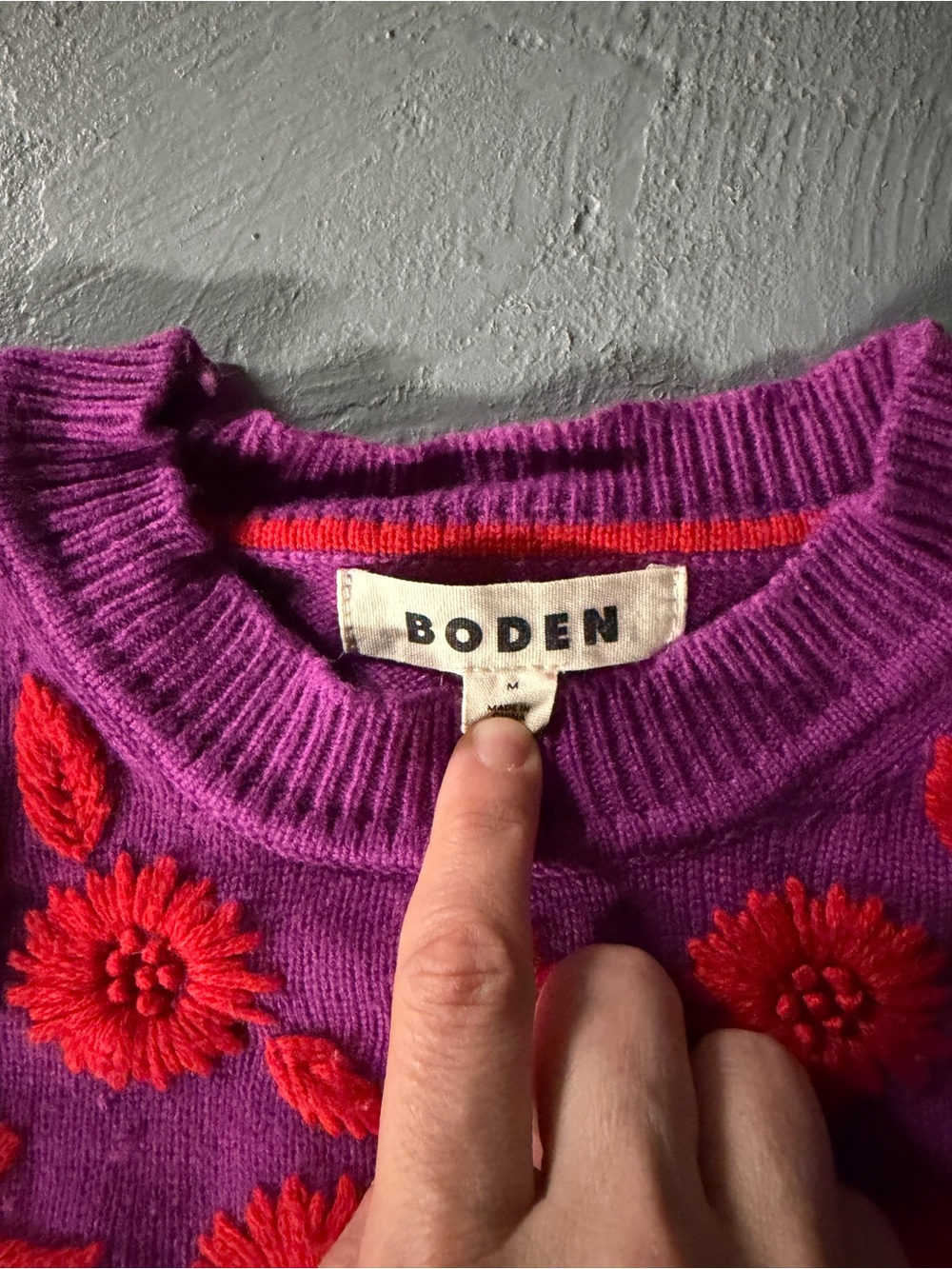 Boden Purple Crewneck Sweater with Pink Floral Embroidery - Picture 2 of 2